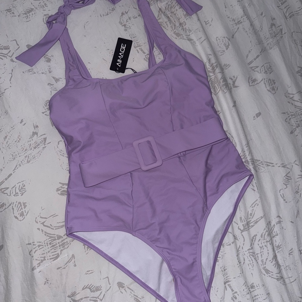 🌸 NWT Aimage Lavender One-Piece Swimsuit – Tummy Control, Removable Pads & Belt